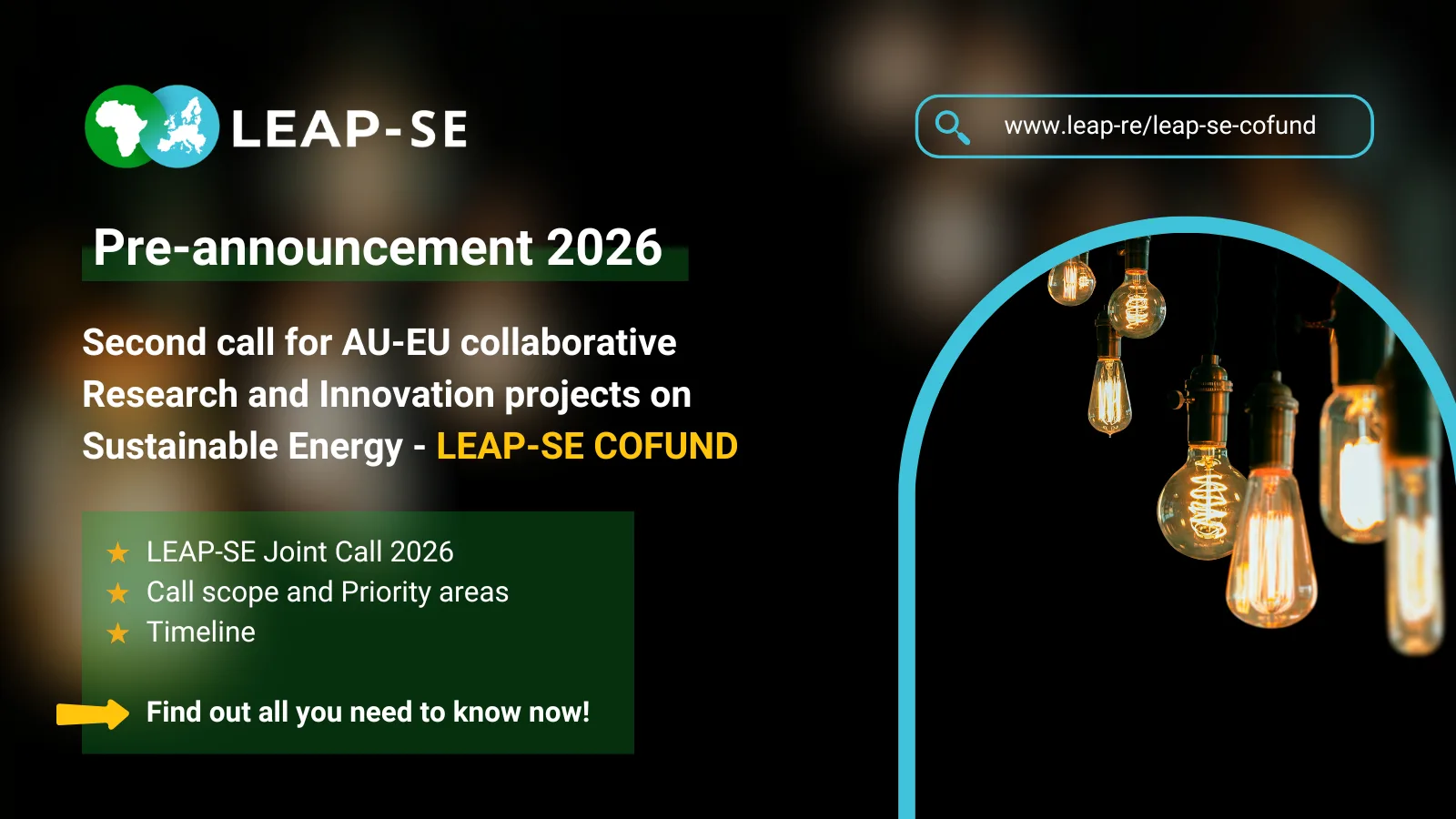 Pre-announcement 2026 Call for AU-EU collaborative research and Innovation projects on sustainable Energy - LEAP-SE Joint Call 2026